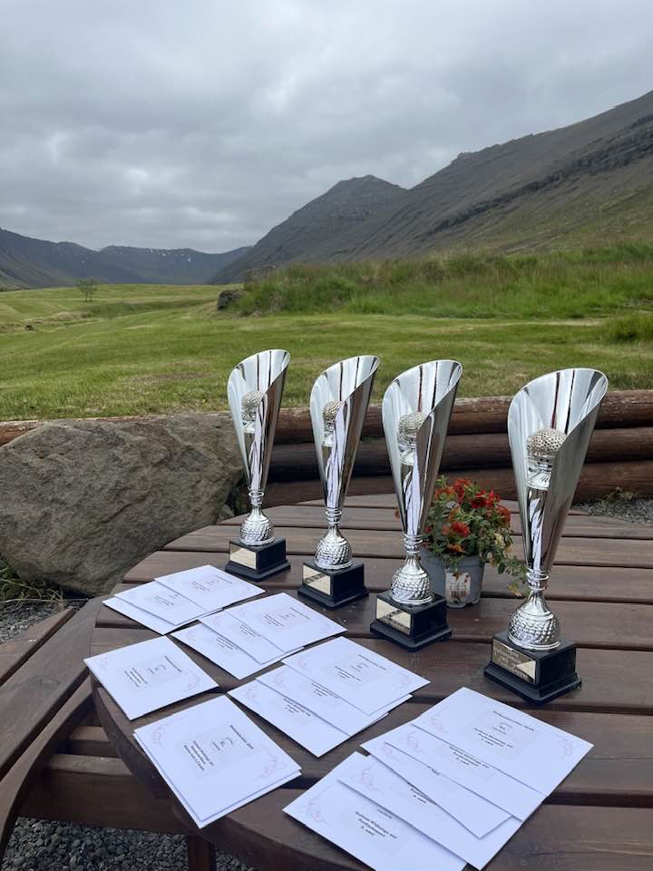 Verðlaunagripir á golfmóti á Meðaldalsvelli.
