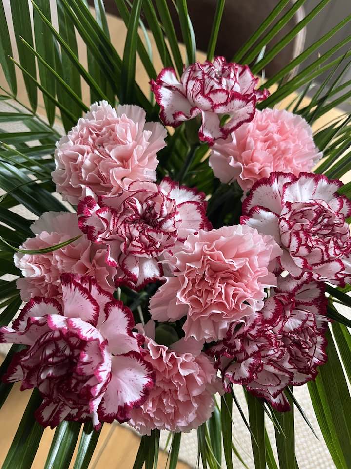 Blómvöndur með bleikum blómum í nærmynd.