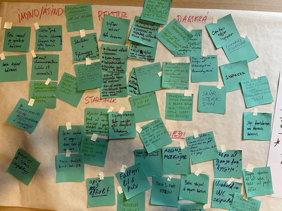 Hugmyndir af stefnumótunarfundinum á blágrænum post-it miðum.