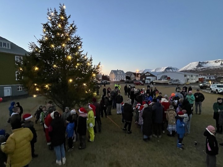 Jólatréð á Þingeyri eftir að ljósin voru tendruð. Fjöldi fólks samankomið fyrir neðan Simbahöllina.