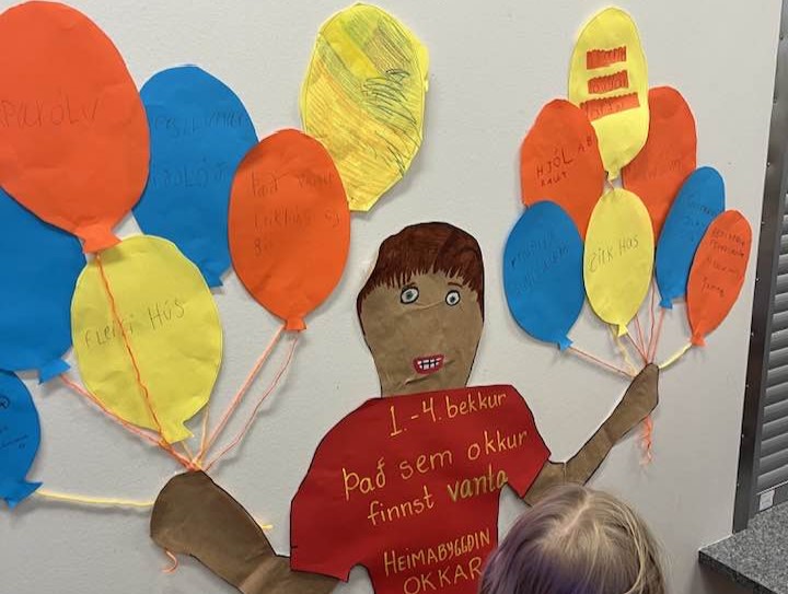 Hugmyndir nemenda við GÞ sýndar í blöðrum sem límdar hafa verið á vegg.