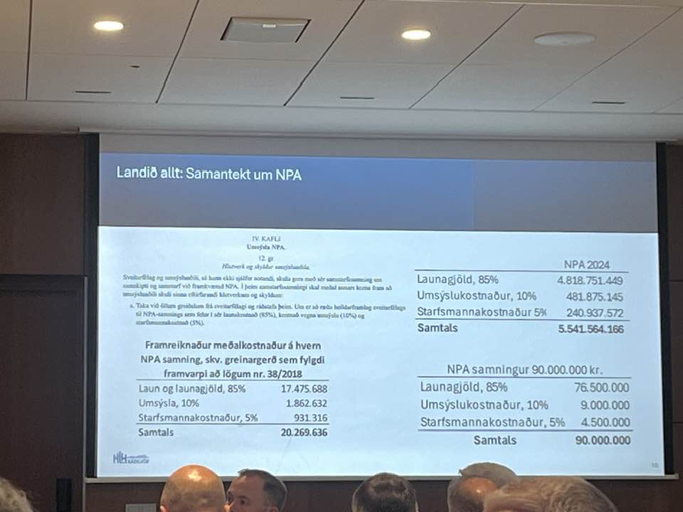 Mynd af glæru á fundi Jöfnunarsjóðs, sem sýnir samantekt um NPA.