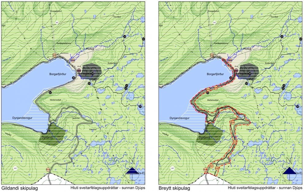 Gildandi skipulag til vinstri og tillaga að breyttu skipulagi til hægri.