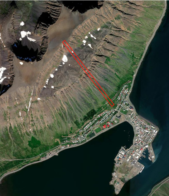 Staðsetning kláfs á Eyrarfjalli. Mynd: Efla.