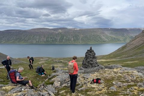 Komið upp að fyrstu vörðu ofan við Steig í Veiðileysufirði.