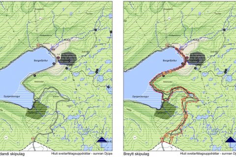 Gildandi skipulag til vinstri og tillaga að breyttu skipulagi til hægri.