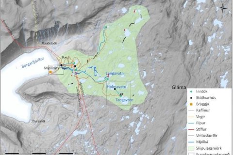 Mjólkárvirkjun og fyrirhuguð framkvæmdasvæði á milli Tangavatns og Hólmavatns og sunnan Mjólkár í Bo…